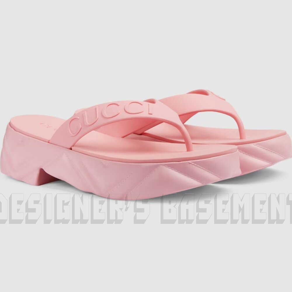 GUCCI pink rubber 38 -8US Logo Thong Matelasse quilt Platform Slides sandals NIB - Picture 3 of 13